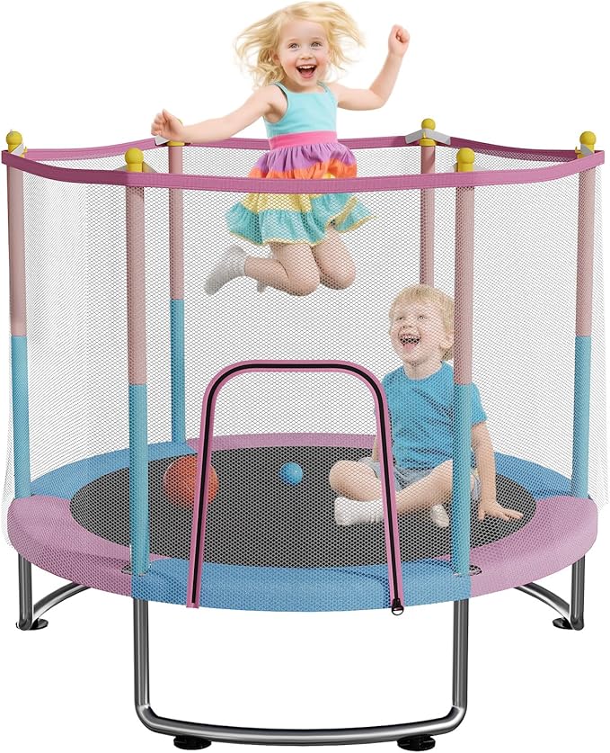 Kids Trampoline with Safety Net – 440lbs Capacity, Upgraded Rust-Proof Ring Legs, Adjustable Gymnastics Bar & Toys – Indoor Outdoor Toddler Trampoline for Boys & Girls Ages 1-8