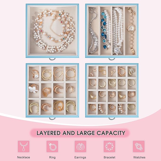5-Layer Jewelry Box with 4 Drawers, Huge Portable Jewelry Organizer with Lock and Mirror for Women, for Necklace Ring Earring Bracelet Storage, Lockable Jewelry Case, Blue