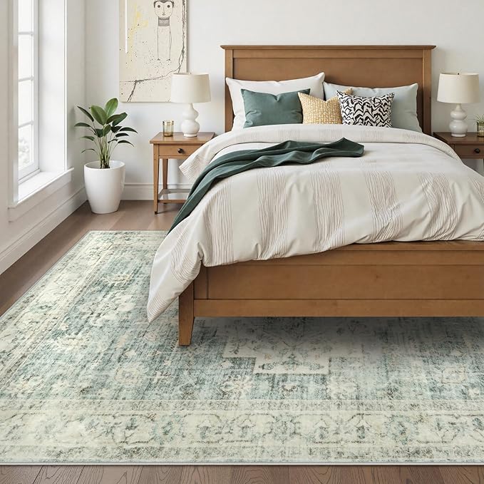 LIVEBOX Washable Area Rug 5x7 Rugs for Living Room Bedroom, Non-Slip Boho Indoor Carpet for Dining Room Office, Low-Pile Farmhouse Soft Carpets for Kids Nursery Playroom, Sage Green
