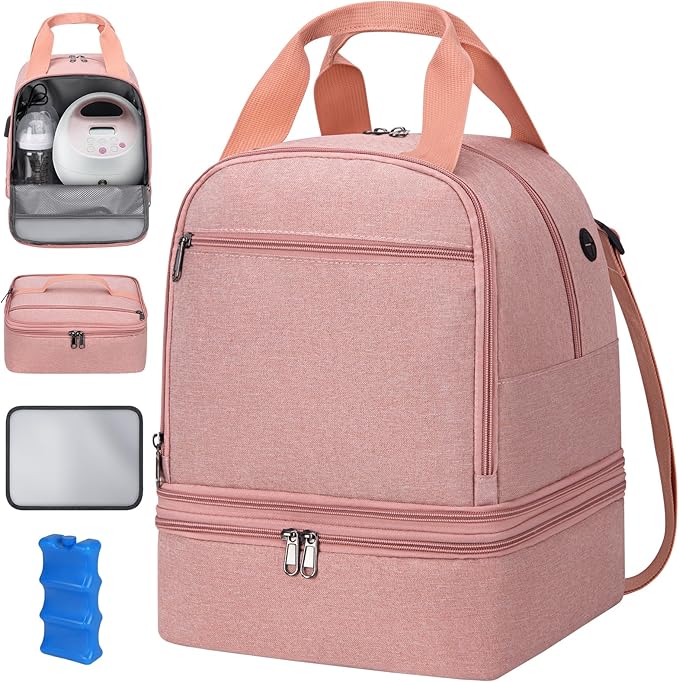 Pump Bag, Breast Pump Carrying Bags with Ice Pack & Waterproof Mat, Breast Pump Bag Compatible with Spectra S1 S2, Pumping Bags Milk Bottle Cooler for Work Travel Camping, Pink