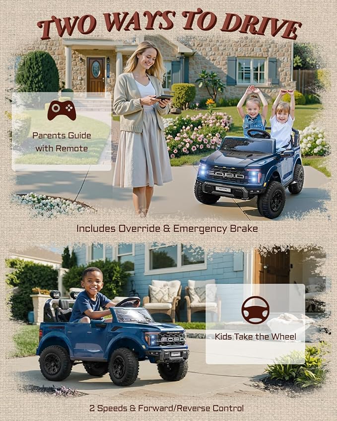 Licensed Ford F-150 Raptor 2 Seater Ride on Car for Kids, 24 Volt Ride on Toys for Boys w/Remote Control, Kids Electric Car w/LED Lights, Bluetooth, Truck Bed Storage, Soft Start (Blue)