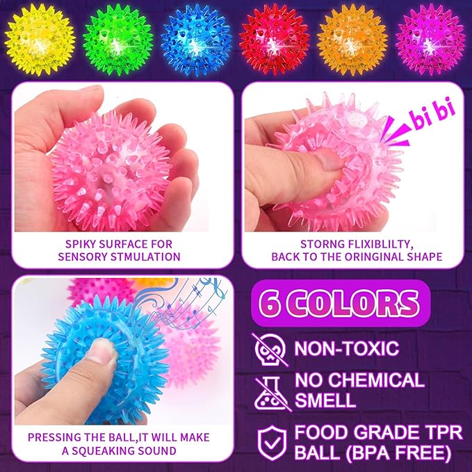 Bouncy Light Up Ball for Kids - LED Flashing Spiky Sensory Toys for Kids with Autism Stress Balls for Toddlers 1-3 Fidget Toys Sensory Balls Glow in The Dark for Novelty Noisemaker Toys for Parties