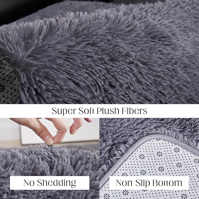 8x10 Grey Fluffy Rug, Ultra Soft Area Rugs for Living Room, Plush Indoor Carpet, Anti-Skid High Pile Luxury Rugs for Bedroom, Nursery, Kids Room, Playroom, Home Decor