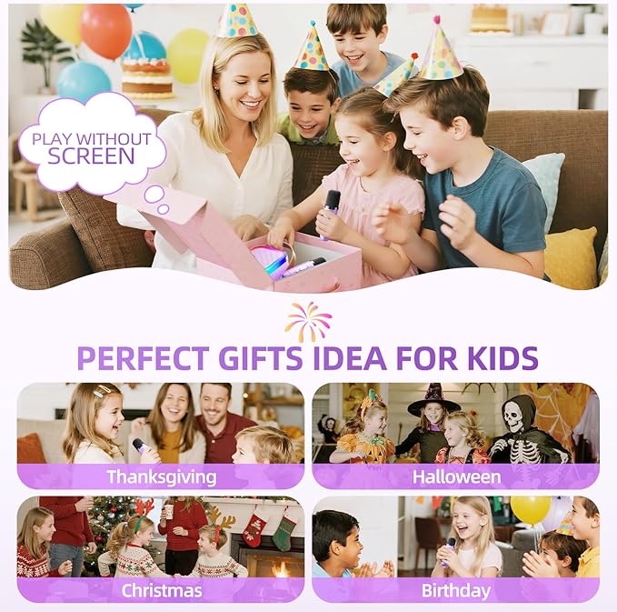 Kinglucky Mini Karaoke Machine for Kids, 2025 TOP Birthday Gifts Ideas for 3-12 Year Old Girls, Christmas Party Gifts Kids' Personal Video Players Accessories with 2 Wireless Microphones - Purple