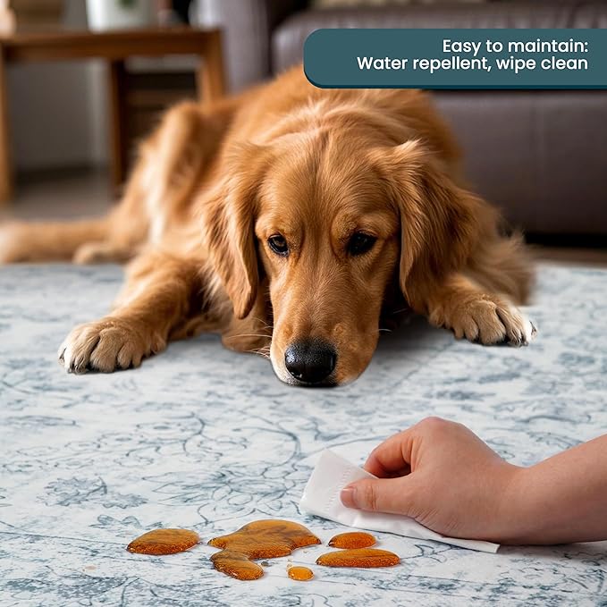 Light Blue 6x9 Area Rug Machine Washable for Living Room, Distressed Non Slip Rugs for Bedroom, Traditional Indoor Retro Floral Accent Vintage Carpet for Office Dining Room, Dorm