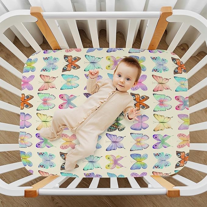 Retro Butterflies Colorful Crib Sheets for Boys and Girls, Fitted Baby Crib Sheets Soft and Breathable Mini Crib Sheets 52 X 28 Inches