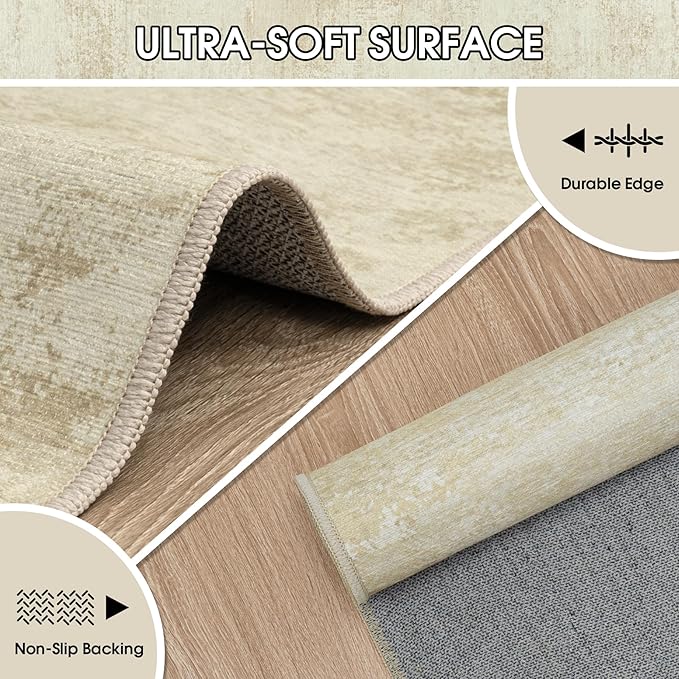 Washable Rug 6x9 Area Rugs, Abstract Large Living Room Rugs with Non-Slip Backing, Thin Carpet for Dorm Dining Room Table Nursery Indoor Home Office -Beige