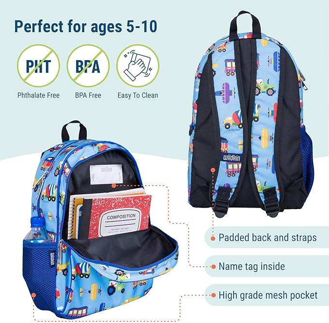 Wildkin 15-inch Kids Backpack – Durable, Padded, Adjustable for School & Travel - Trains, Planes, and Trucks