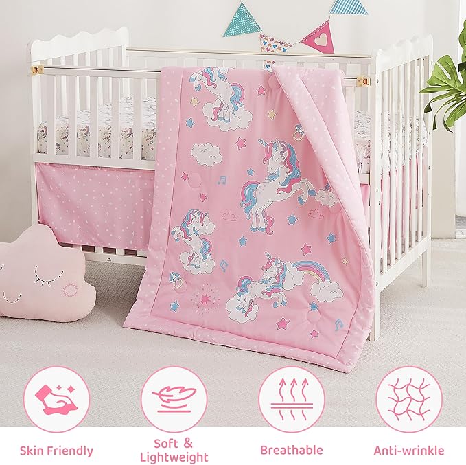 Viviland 3 Pieces Baby Bedding Set for Boy Girls, Baby Bedding Set for Newborn, Infant & Toddler - Unicorn