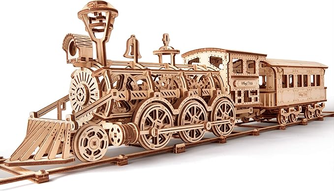 Wood Trick Wooden Toy Train Set with Railway - 34x7″ - Locomotive Train Toy Mechanical Model Kit - 3D Wooden Puzzles for Adults and Kids to Build - Engineering DIY Models for Adults to Build