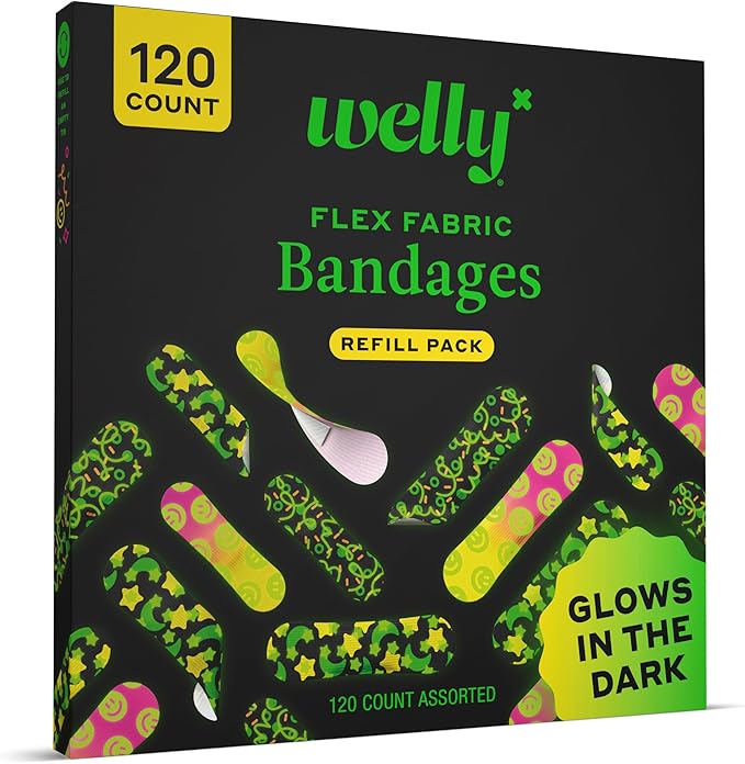 Welly Bandage Glow-in-The-Dark Refill Pack | Adhesive Flexible Fabric Bandages | Assorted Shapes and Patterns for Minor Cuts, Scrapes, and Wounds - 120 Count