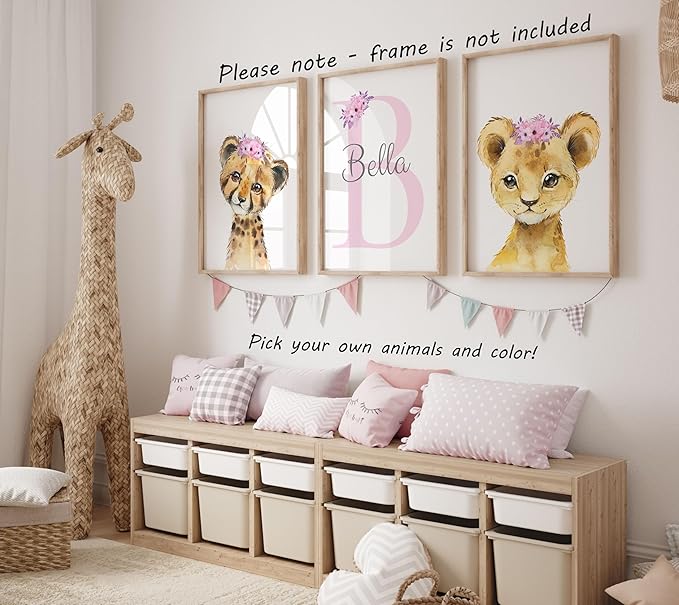 Personalized Safari Animals for Baby Girls Nursery, Set of 3 Unframed Poster Prints, Personalized Name Pink Lilac Floral, Girls Bedroom Decor, Elephant Giraffe (11x14)