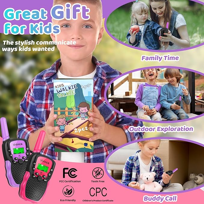 Vvinca Rechargeable Walkie Talkies for Kids, Toys for Ages 5-7 Birthday Gift for 3-12 Year Old Girl Boy with Flashlight 22 Channel 2 Way Radio 3 Mile Long Range Walkie Talkie for Outdoor Game Camping