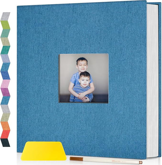 popotop Photo Album Self Adhesive with Picture Display Window,40 Pages DIY Scrapbooking Supplies Kit for 4x6 10x12 Picture,Linen Cover Memory Book for Baby Wedding, with Scraper and Metallic Pen