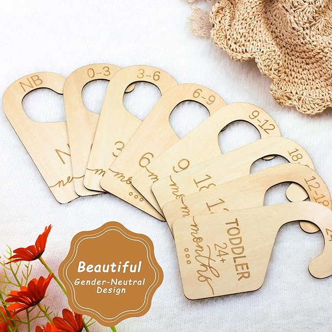 Baby Closet Dividers for Clothes Organizer - Set of 8 Beautiful Wooden Double-Sided Baby Clothes Size Organizer from Newborn to 24 Months for Nursery Decor