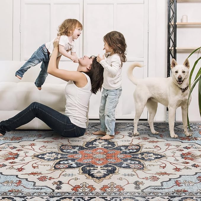 Washable 6x9 Area Rug for Living Room, Carpet for Bedroom Dining Room, Non Slip&Non-Shedding Resistant Low Pile Vintage Print Rug for Home Office (Blue/Gray)