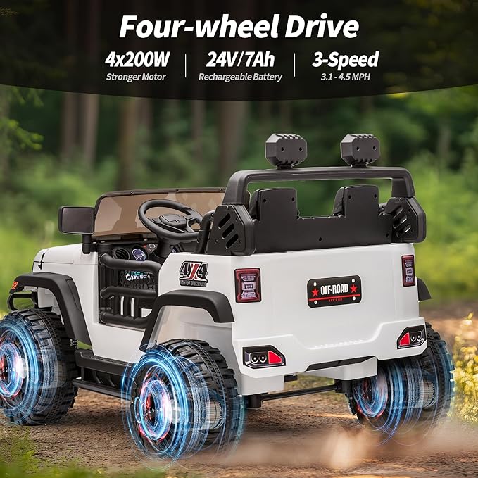 2 Seater Ride on Toy Car for Kids, 24V 4x4 Ride-on Truck Kids Electric Car w/Remote Control, 4x200W Motors - White