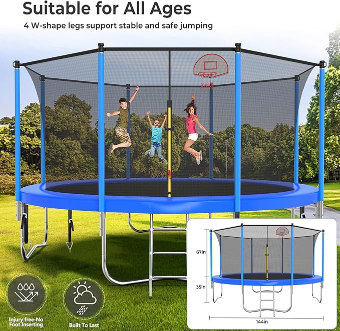Upgraded 16FT 15FT 14FT 12FT 10FT 8FT Trampoline Outdoor with Basketball Hoop and Net, Capacity for 4-6 Kids and Adults