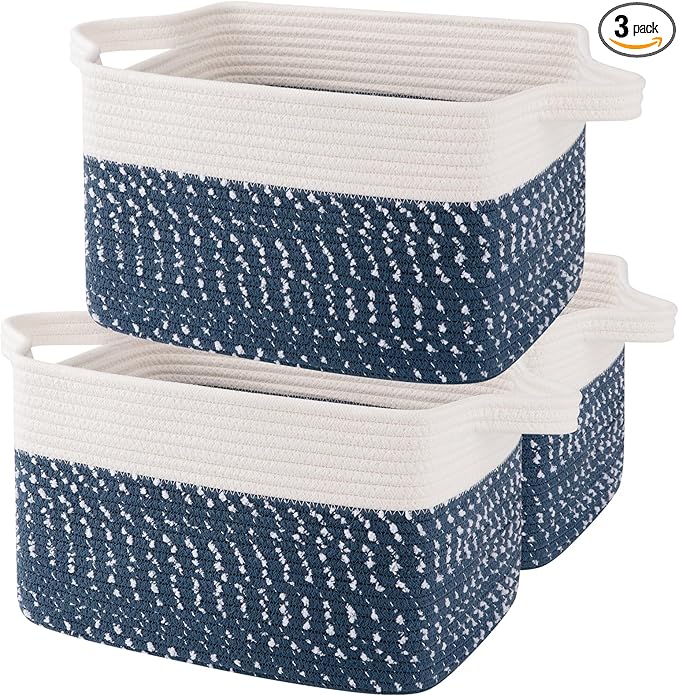 OIAHOMY Storage Basket, Woven Baskets for Storage, Cotton Rope Basket for toys,Towel Baskets for Bathroom - Pack of 3,White Blue