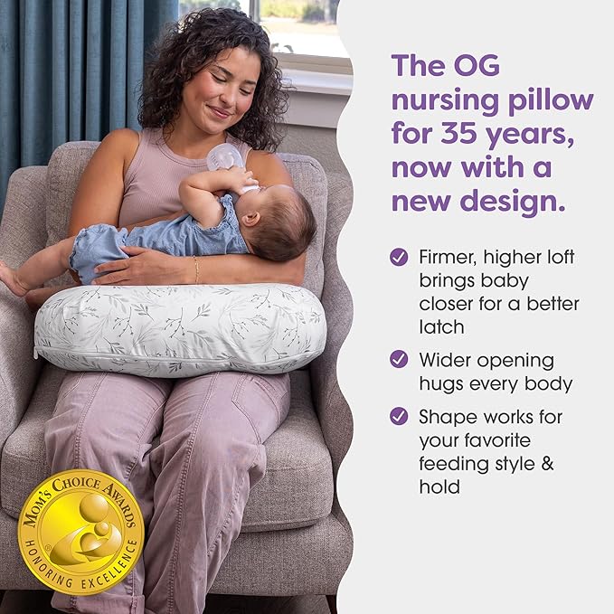 Boppy Nursing Pillow - Ergonomic Bottle & Breastfeeding Pillow with High, Firm, Large Area, Water-Repellent Cushion with Washable Cover; Baby Safety Alliance Verified - Gray Gentle Leaves