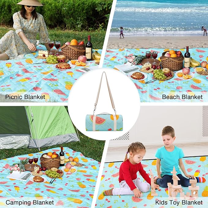 Picnic Blanket Extra Large 79" x 79", Washable Picnic Blankets, Camping Blanket with Portable Handle & Shoulder Strap - SummerFruits
