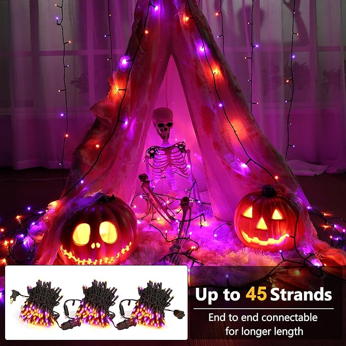 Brizled Orange & Purple Halloween Lights, 33ft 100 LED Halloween Lights 5mm Wide Angle String Light, 120V UL Certified Connectable Mini Purple Light Outdoor for Party Home Tree Decoration, Black Wire