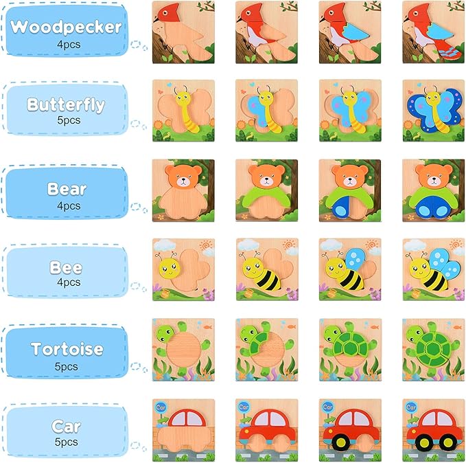MAGIFIRE Wooden Puzzles for Toddlers 1-3 - 6-Pack Multicolor Animal & Car Puzzles - Toddler Montessori Style Toys