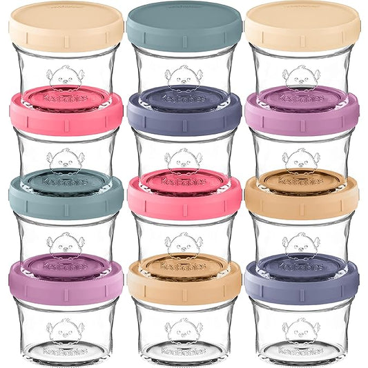 KeaBabies 12pk 4oz Glass Baby Food Containers with Lids - Leak-Proof, Microwavable Small Glass Jars, Baby Purees & Toddler Snack Storage Containers, BPA-Free, Dishwasher & Freezer Safe (Sunset)
