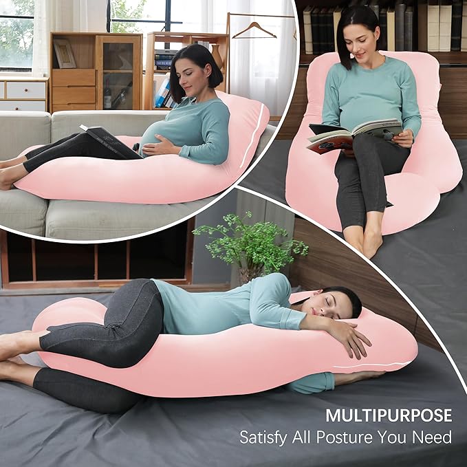 MOON PARK Pregnancy Pillows for Sleeping - U Shaped Full Body Maternity Pillow with Removable Cover - Support for Back, Legs, Belly, HIPS - 57 Inch - Pink - Cooling Cover