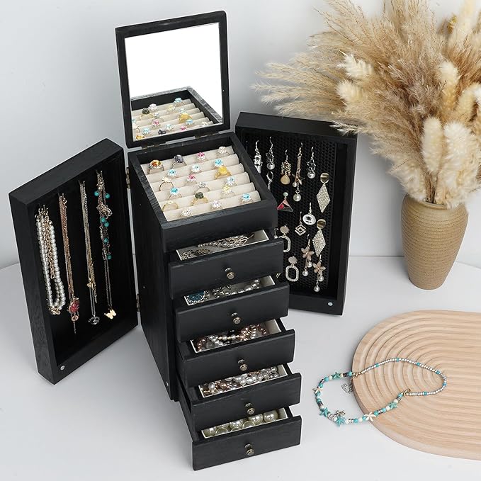 Meangood Jewelry Box Wood for Women, 6-Layer Large Organizer Box with Mirror & 5 Drawers for Rings, Earrings, Necklaces, Vintage Style, Black