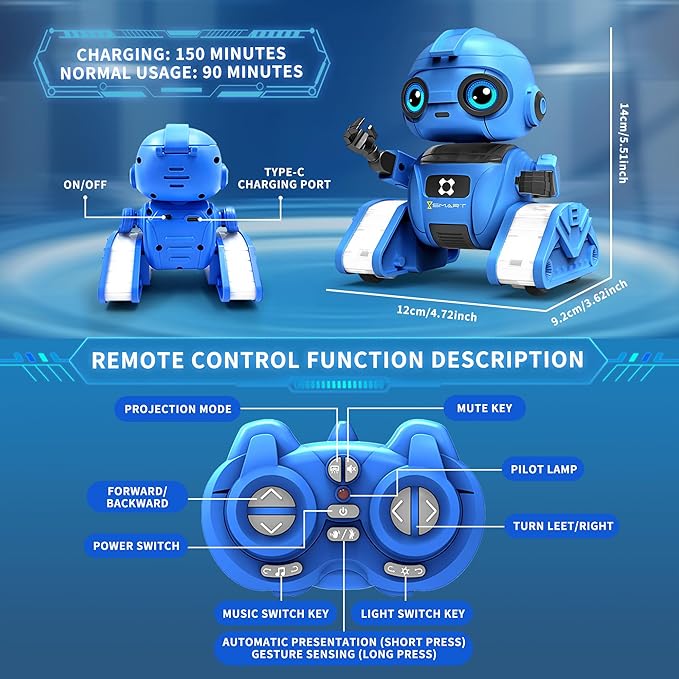 Robot Toys for Boys and Girls, Rechargeable Remote Control Robot with Auto-Demonstration, Light Projection, Dance Moves, Music, and Gesture Sensing –Toy Robot Gifts for 3,4,5,6 Year old Boys (Blue)