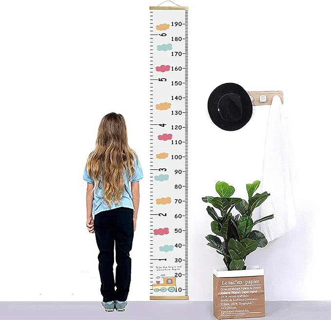 Kids Growth Chart, Wood Frame Fabric Canvas Height Measurement Ruler from Baby to Adult for Child's Room Decoration 7.9 x 79in (7.9 x 79in, Colorful Cloud)