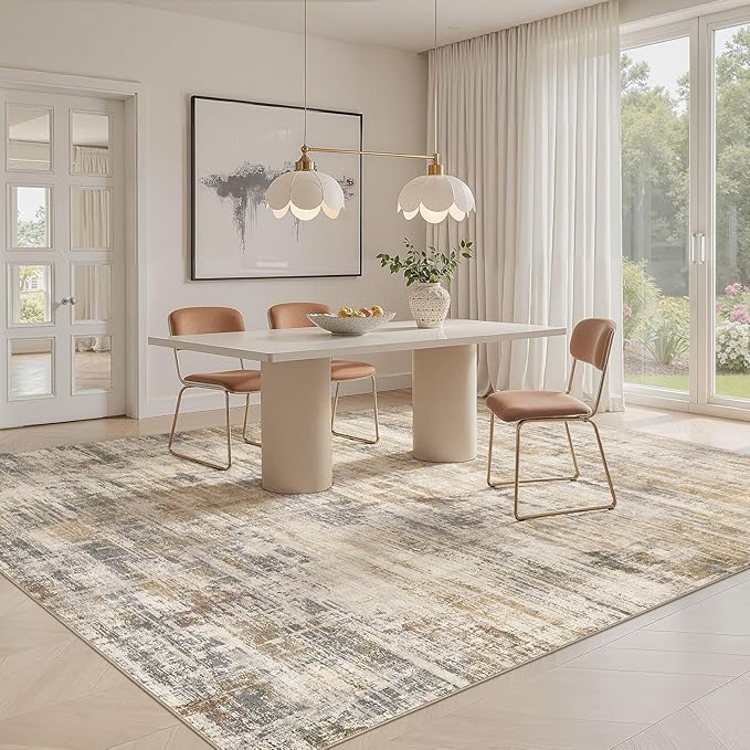 Area Rug for Living Room: 6x9 Washable Neutral Abstract Modern Soft Rugs Non Slip Indoor Floor Stain Resistant Large Carpet for Bedroom Dining Room Office Nursery - Golden Brown
