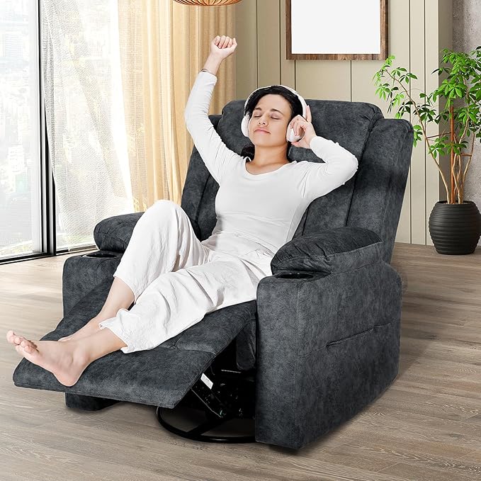 Retro Rocking Recliner Chair, Massage Rocker Recliner Chair with Vibration Massage and Heat, USB and Type-C Ports,360° Swivel Chairs,Living Room, Bedroom, Nursery, RV, Dark Grey