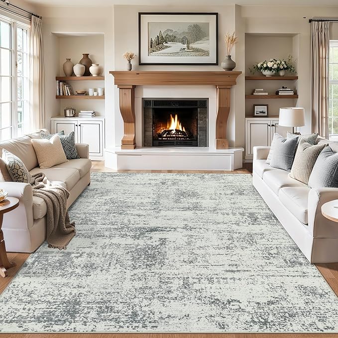 Area Rugs 9x12 Living Room - Washable Rug Modern Abstract Soft Large Neutral Non-Slip Carpet Indoor Floor Stain Resistant Thin Carpets for Bedroom Dining Room Farmhouse Nursery Home Office Grey