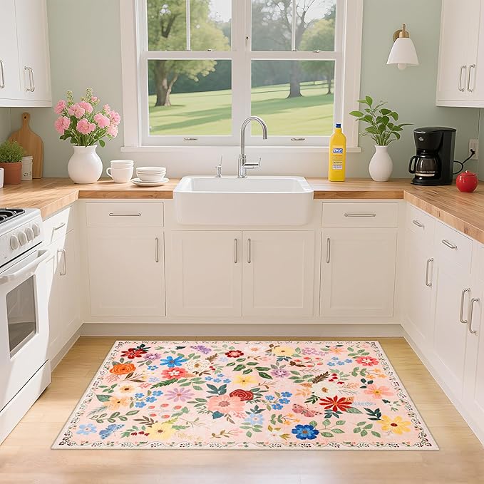Entryway Rug 2X3 Small Rugs: Floral Washable Door Mat Vintage Soft Low Pile Non-Slip Kitchen Rugs Stain Resistant Indoor Throw Rug for Entrance, Bedroom, Kitchen, Laundry, Bathroom Beige