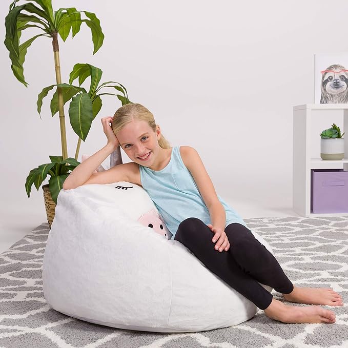 Posh Creations Cute Soft and Comfy Bean Bag Chair for Kids, Large, Animal - White Unicorn