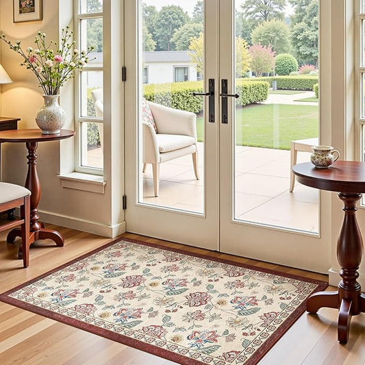 jinchan 3x5 Floral Rug for Entryway Washable Kitchen Rug Vintage Romance Design Small Mat Non Slip Indoor Doormat Lightweight Low-Profile Throw Carpet for Entrance Bathroom Laundry Room, Red/Beige