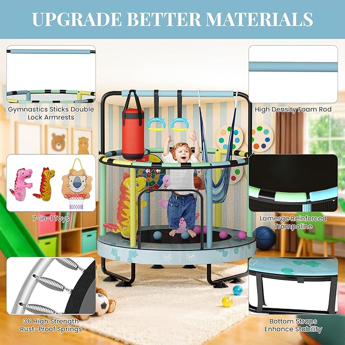 LAMERGE 55" 7-in-1 Round Trampoline for Kids Boys & Girls Ages 1-8, Indoor & Outdoor Trampoline for Fun, Adjustable Height Handrail ＆ Enclosed Safety Net ＆ Durable Designs for Toddlers Children