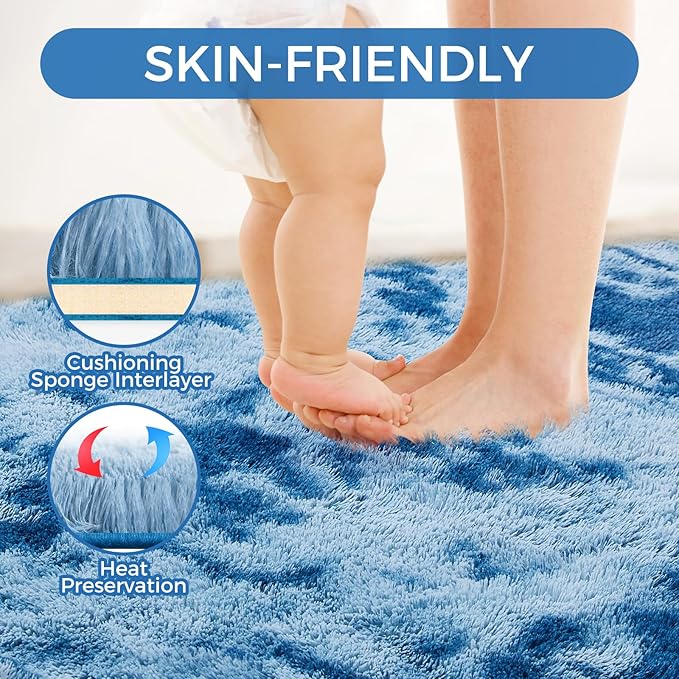 Ultra Soft Rug for Living Room, 8X10 Fluffy Shag Area Rug for Bedroom, Modern Shaggy Carpets Fuzzy Rug for Teens Dorm Nursery Home Decor Aesthetic, Upgrade Anti-Skid Durable, Tie-Dyed Blue Grey