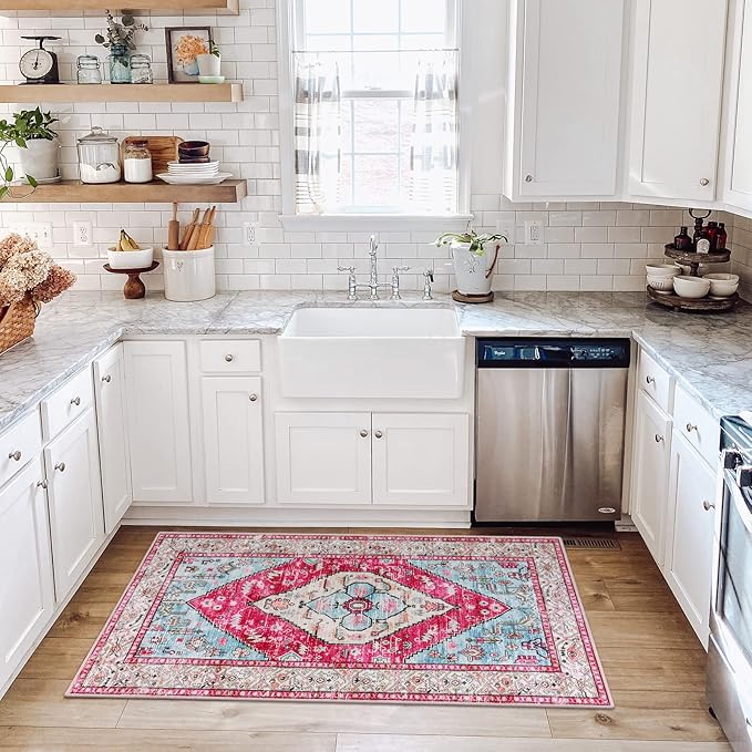 Lahome Boho Round Rug - 4Ft Washable Area Rug, Non-Slip Small Bathroom Rug, Lightweight Bedroom Throw, Oriental Distressed Print Carpet for Entryway, Sofa, Nursery, Kids Room