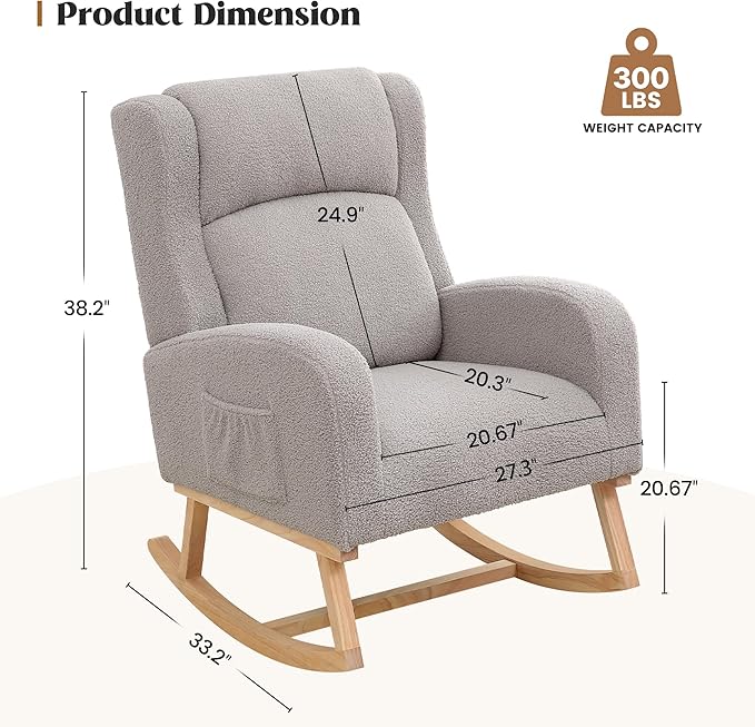 Rocking Chair Nursery, Nursing Rocking Chairs for Mom Nursery, Comfy Wingback Glider Rocking Armchair with Side Pocket for Nursery Living Room Bedroom, Teddy Light Grey