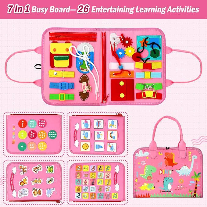 Qizfun Busy Board Montessori Toy for 1 2 3 4 Years Old, Educational Activity Sensory Board Preschool Learning Fine Motor Skills Toys, Toddler Travel Toy for Plane Car, Gift for Boys Girls (Pink/P4)