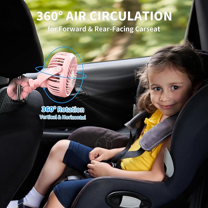 AMACOOL Battery Operated Stroller Fan Flexible Tripod Clip On Fan with 3 Speeds and Rotatable Handheld Personal Fans for Car Seat Crib Bike Treadmill (Pink)