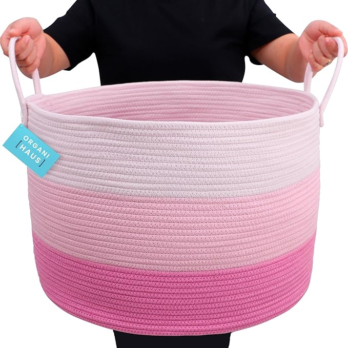 OrganiHaus Toy Storage Basket for Kids, Large Cotton Rope Organizer Bin for Nursery, Toy Box, Blanket Holder, Baby Hamper for Living Room, Soft & Washable, 20x13 inches - Pink