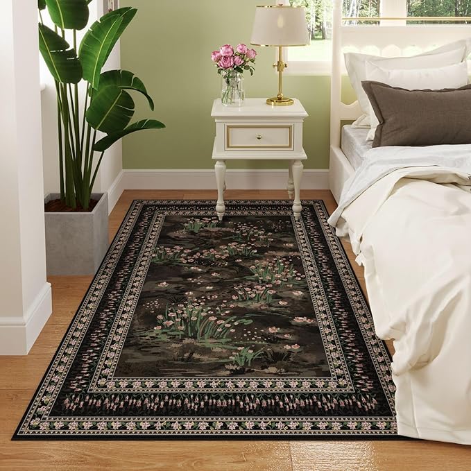 4x6 Rug for Bedroom Impressionist-Style Vintage Washable Rugs Non Slip Low Pile Small Carpet for Bedside Kids Room Office Dining Room, Black