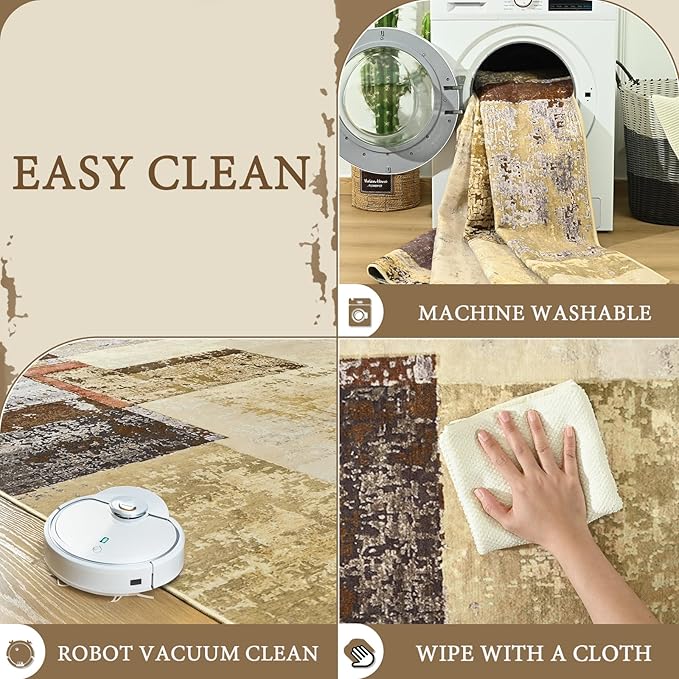 LOCHAS Rug for Living Room, Washable Soft Area Rugs for Bedroom 8x10, Abstract Carpet for Indoor Office Kids Dining Room Nursery Floor, Khaki Geometric Vintage Home Decor, Non Slip, Pet Child Friendly