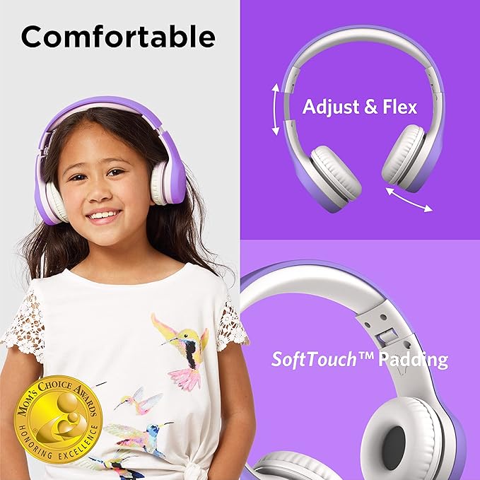 LilGadgets Connect+ Wired Kids Headphones for School with Mic, Volume Limited & Noise Reduction, On-Ear Headset with Cord, SharePort Technology for Multiple Kids & SoftTouch Padding, Purple
