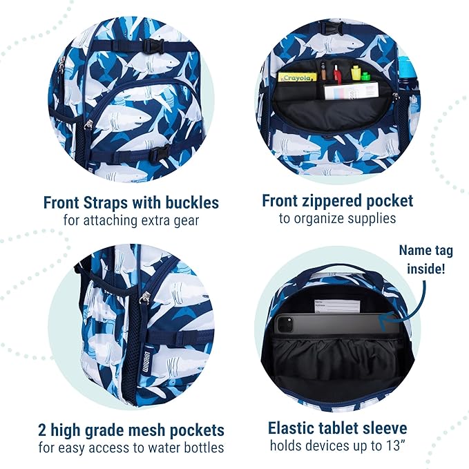 Wildkin ECO rPET 15-inch Kids Backpack – Sustainable, Padded, Adjustable – Sharks