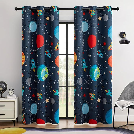 Kids Space Themed Blackout Curtains - 100% Blackout, Perfect for Bedroom and Nursery with Vibrant Cosmos Patterns, Noise Reduction, Thermal Insulated, 2 Panels (Space, W42×L84)